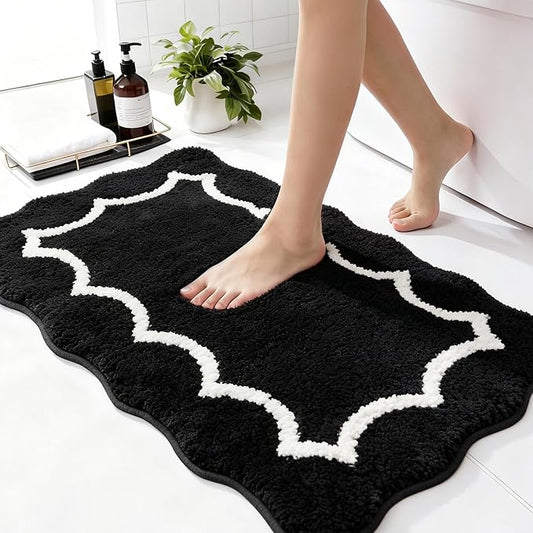 Scalloped Black Bathroom Rugs Mat,Shaggy Soft Non Slip Absorbent Quick Dry Bath Mats for Shower Room,Plush Microfiber Bath Rug for Bathroom Floor Carpet for Tub Sink Bedroom,20"x32"
