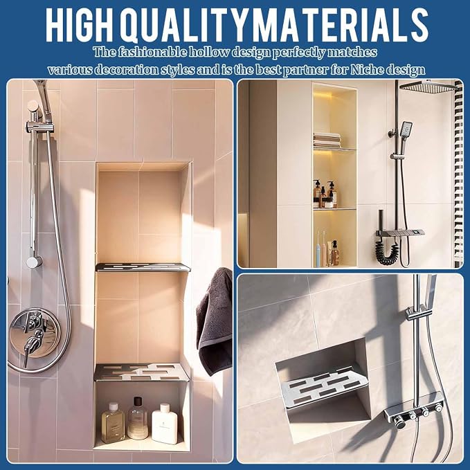 12 Inch Shower Niche Shelf Mirror Effect 316 Stainless Steel Tile Insert | Rectangular Shelf For 12 Inch Tile Prefabricated Niches, Fits 1/8 Inch Grout Lines, Shower Niche Insert Mirror Effect 316 SS