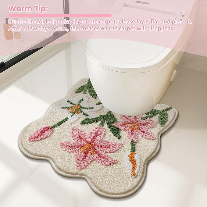 Lily Flower U-Shaped Toilet Mat, Romantic Floral Non-Slip Bath Rug with Wave Edge Design, Soft Absorbent Microfiber Floor Mat for Toilet Base, Machine Washable Bathroom Decor 20x22 (U-Shaped Lily) | Romantic Floral, Non-Slip Bath Rug, Wave Edge Design,...