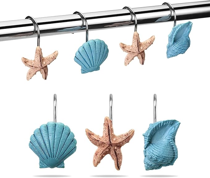 AGPtek® Seashell Shower Curtain Hooks, Blue Seashell, 12PCS | Anti Rust, Decorative Resin, Bathroom Decor, Baby Room Decor, Bedroom & Living Room Decor