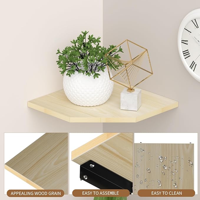 JJL Corner Shelves, 12 Inch Corner Shelf Wall Mounted with Wire Hole, 2 Tier 13.3 Inch Deep Wooden Corner Hanging Shelving for Wall Storage, for Speaker, Cable Box, Light White