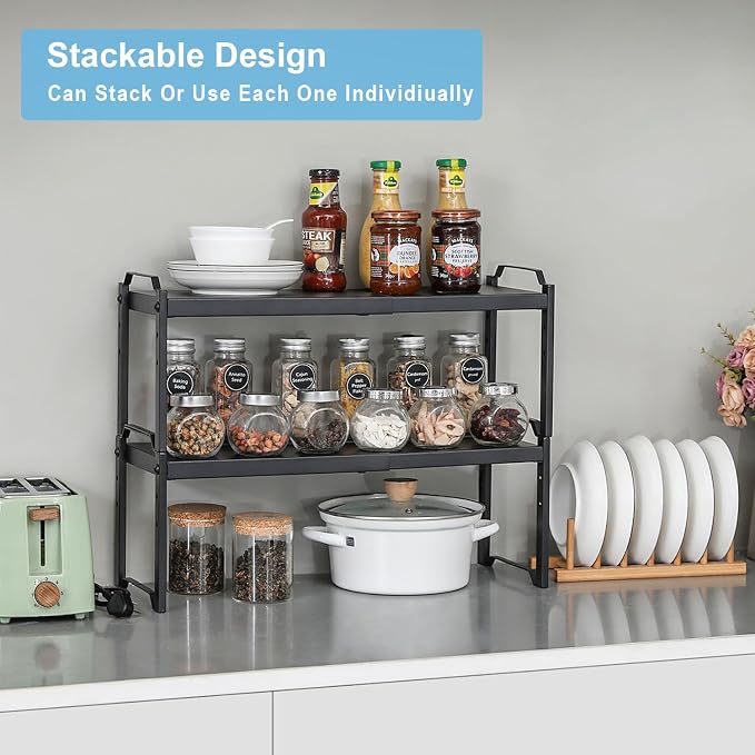 Expandable Cabinet Shelf Organizer, Adjustable kitchen Countertop Storage | 2 Pack Stackable Metal Kitchen Cabinet Countertop Storage Shelves, Heavy Duty Counter Cupboard Pantry Organizers, 20.5" Long