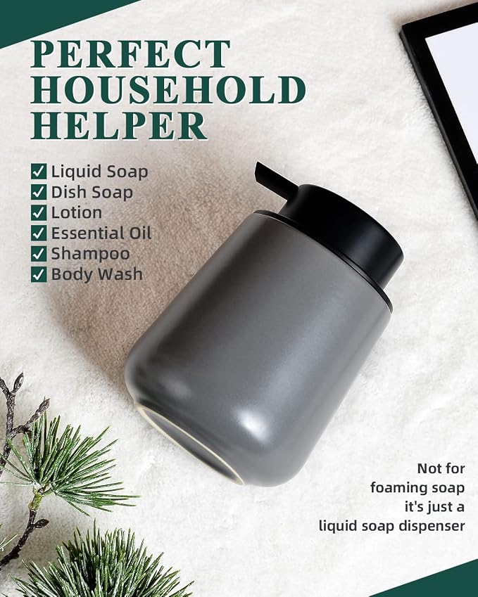 BosilunLife Ceramic Soap Dispenser - Dish Soap Dispenser for Bathroom 12Oz | Refillable Liquid Hand Wash Dispenser for Essential Oil, Lotion Soap, Modern Grey