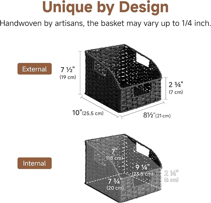 StorageWorks Pantry Organizers and Storage, Black Wicker Baskets, 2-Pack | Paper Rope Wicker Baskets with Handles, Handwoven Pantry Baskets for Shelves,Wicker Storage Baskets for Shelves,Black Baskets