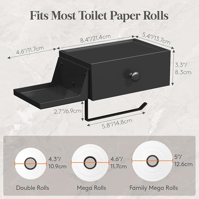 Lifewit Plastic Toilet Paper Holder with Shelf and Drawer, Screw or Adhesive Wall Mount Tissue Roll Storage, Sturdy Bathroom Wipes Dispenser Organizer, Black, 2 Pack