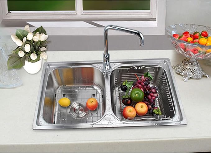 4Pack Sink Protector Grid 13.7"x11.6"X1", Stainless Steel Sink Protectors for Kitchen Sink with Center Drain Hole, Rust-Resistant Metal Sink Protector with 2Pack Sink Strainers (Center Drain/Set 2)