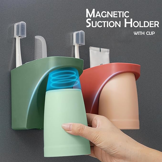 Blue Magnetic Cup Holder for Bathroom, sgzscl Toothbrush Wall Mounted Toothpaste Storage Drain Drill-Free Space Saving Organizer for Family Members
