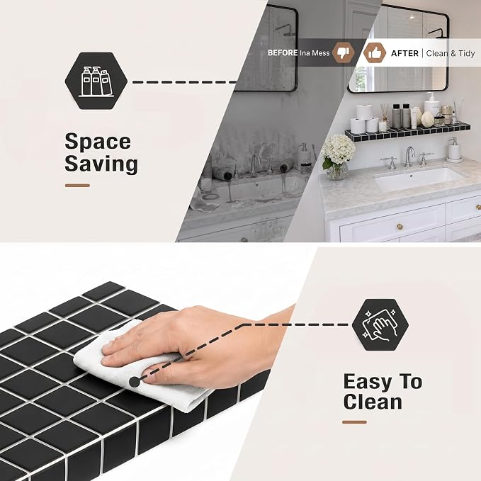 Large Floating Shelves, Set of 2, Modern, Black with White Lines | 35.4"W x 9.4"D x 1.5"H, set of 2, 40 lbs each, 3D tile texture, bathroom & living room, splash-resistant, ~30 min assembly.