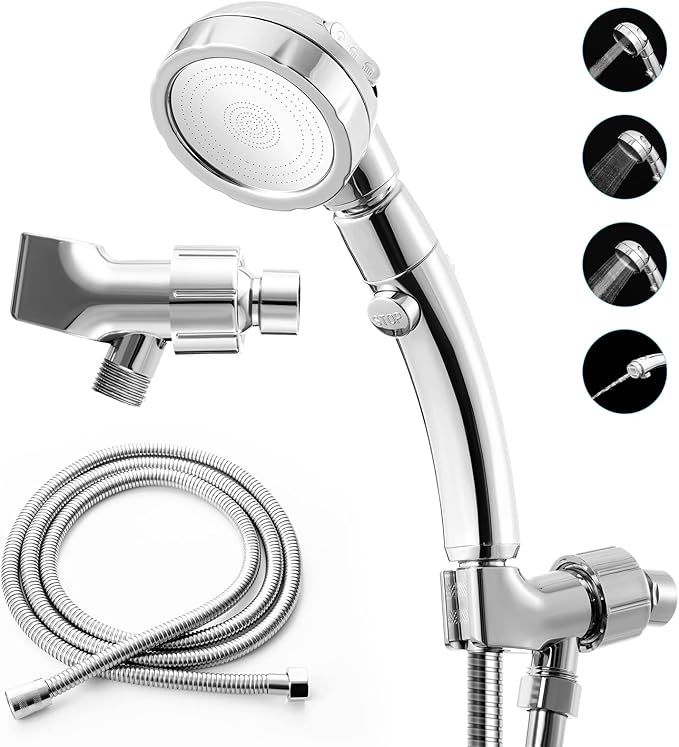 Marbrasse High Pressure Shower Head with Hose and Holder, 3-Settings Handheld Showerhead with Push Switch and Button to Control Water Flow for Saving Water,Removable Camper Shower Head