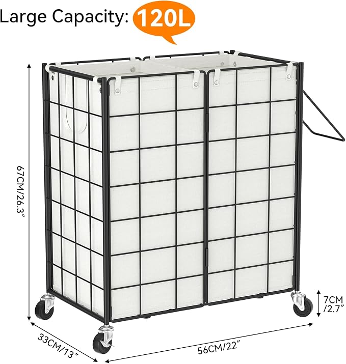 WOWLIVE Double Laundry Hamper with Wheels, Metal Rolling Laundry Basket | Wire Frame Hamper with 2 Removable Bags, 120L Dirty Clothes Hamper Organizer Dorm Room Storage for Bedroom, Black and White