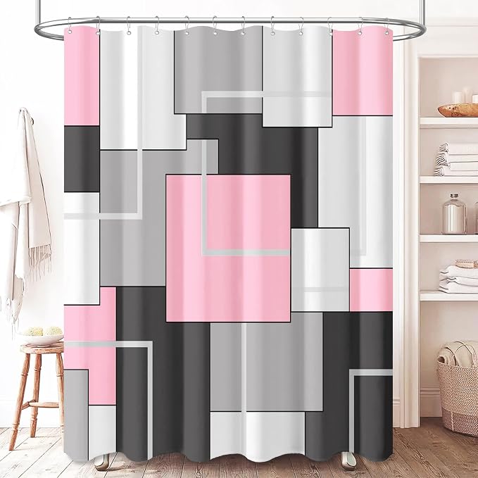 Pink Modern Geometric Waterproof Fabric Shower Curtain Set, 72 x 72 | Premium Polyester, Weighted Hem, 12 Plastic Hook, Vibrant Color, Wrinkle-resistant, Quick-Dry, Machine Washable, For Bathroom