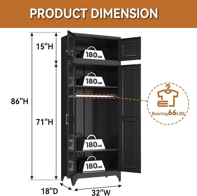 Polup 86" Tall Black Metal Armoire Wardrobe Closet with Hanging Rod | Heavy Duty Steel Clothing Storage Cabinet, 4 Doors, 180lbs Adjustable Shelves, Shipped in 2 Packages for Bedroom, Garage