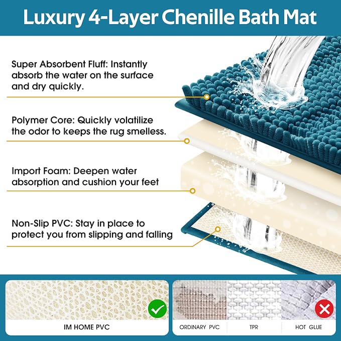 Comfydew Striped Teal Blue Bathroom Rug Set 3 Pieces Ultra Soft, Non Slip Chenille Toilet Mat, Absorbent Plush Shaggy Bath Mats for Bathroom, Bedroom, Kitchen