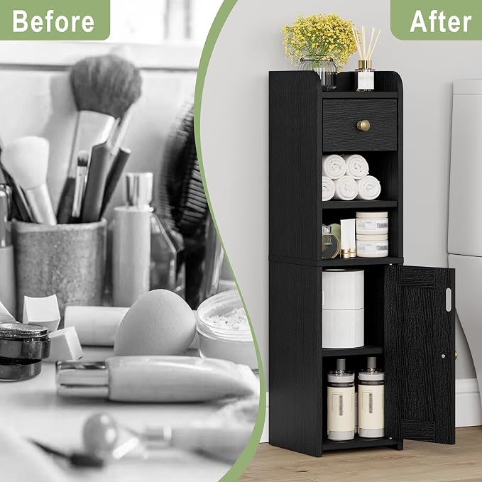 Lomojo Small Bathroom Storage Cabinet with Drawer,7.75L*7.75D*29.6H(Black) | Narrow Toilet Paper Holder, Corner Floor Cabinet with Doors and Drawer for Bathroom Small Space, Adjustable Shelf Organizer
