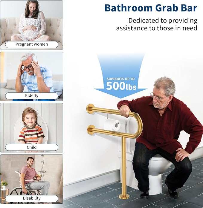 ZUEXT 24x28 Inch Gold Knurled Toilet Grab Bar with Toilet Paper Holder | Wall to Floor, Anti-slip Handicap Grab Bar, Stainless Steel Bathroom Support Rail with Leg, For Elderly Disabled Pregnant