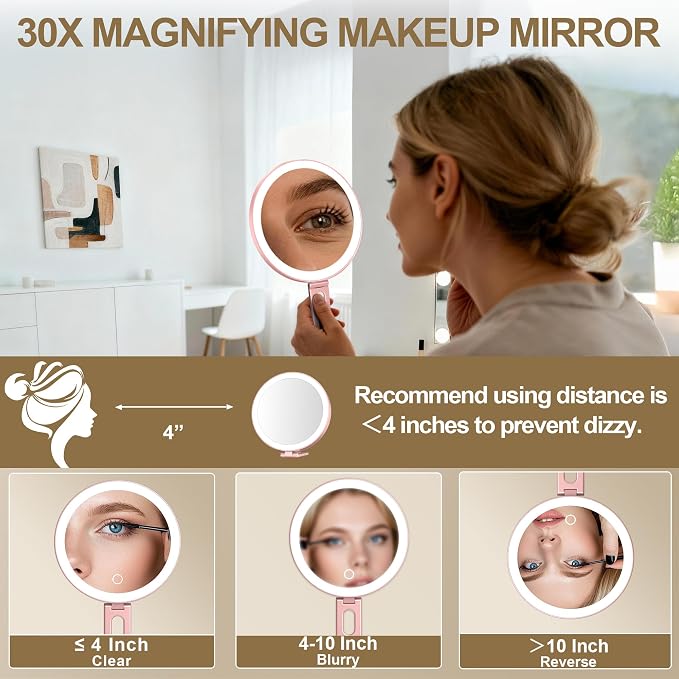 Mocado 30x Magnifying Mirror with Light, 6" Magnifying Mirror Suction Cup | 3 Colors Light, Dimmable Touch, 0-100% Brightness Adjustable, Stable Stand, 2000mAh Rechargeable, Handheld Mirror,(Rose Gold)