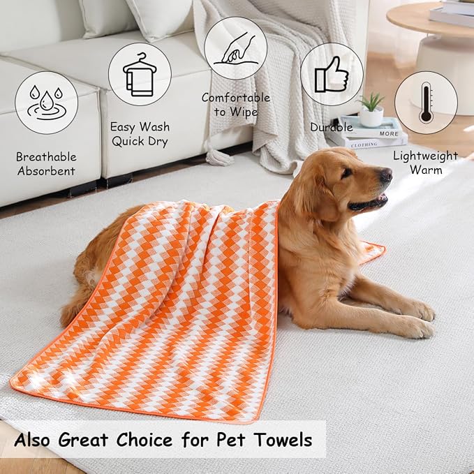 12 Pcs Orange White Diamond Towel Set-4 Bath Towels,4 Hand Towels,4 Washcloths Soft Polyester Towels with Loop Absorbent Shower Towel Quick Dry Beach Chair Towel Family Towels for Bathroom Gym Pool
