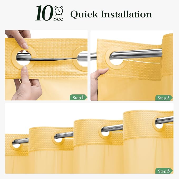 Gold Hook Free Waffle Shower Curtain & Snap-in Fabric Liner,72x75 | Less Time to install, 3 in 1 Fabric Shower Curtain and Liner Set with Magnets, Mesh Top Window, Shower Curtains for Bathroom