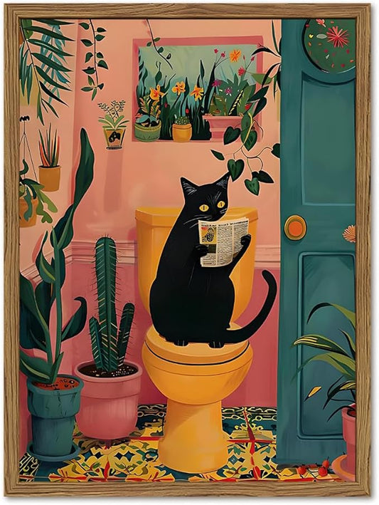 Funny Black Cat Bathroom Wall Art Whimsical Cat Reading Newspaper on Toilet Wall Decor Picture Cute Animal Bathroom Poster Canvas Painting Prints for Restroom 16x24 inch Framed