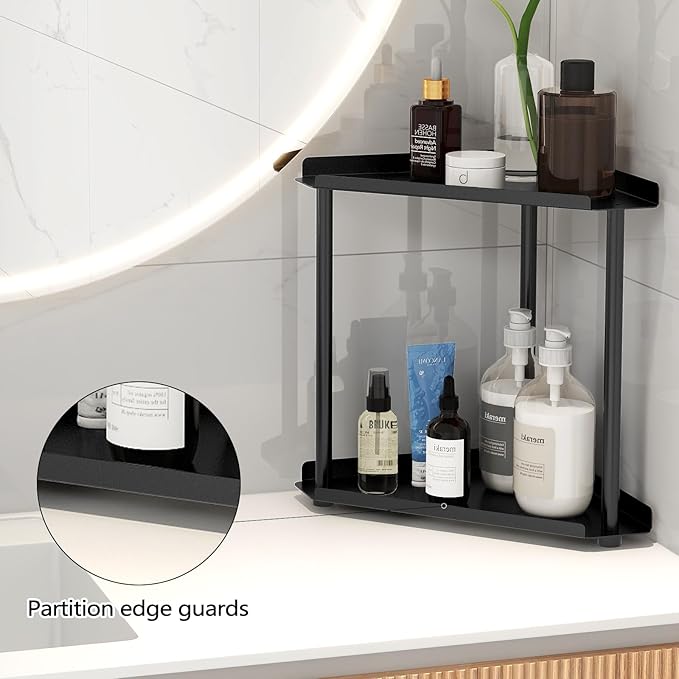 FLE Corner Bathroom Counter Organizer, Bathroom Organizer Countertop Black | 2 Tier Corner Shelf, Tabletop Mount,Waterproof Solid Shelf Fits Bathroom Toiletries and Kitchen Condiment Storage