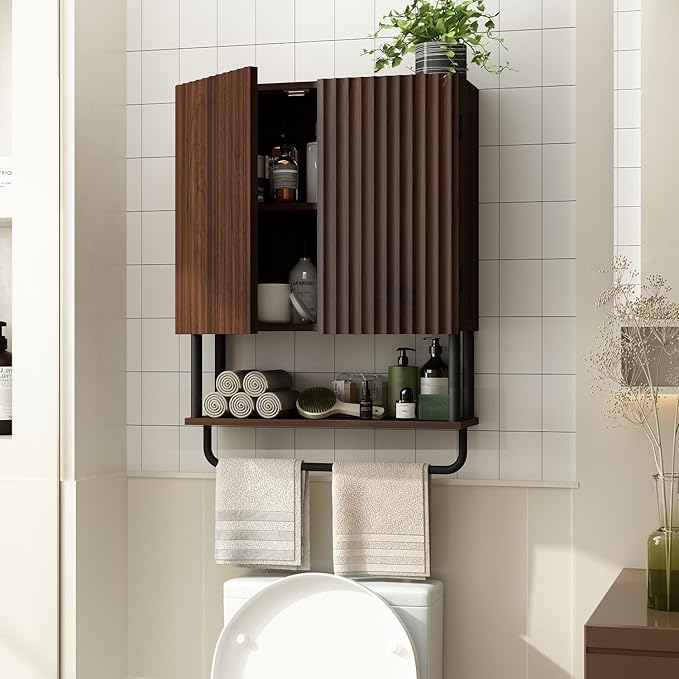 RUSTOWN Fluted Bathroom Wall Cabinet with 2 Doors, 3-Tier Medicine Cabinet | Modern Farmhouse Wall Mounted Cabinets, Over The Toilet Storage Cabinet, Adjustable Shelf and Towel Bar, Medium