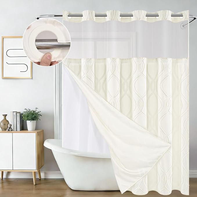 Yinhua No Hook Shower Curtain with Snap in Liner Set, 71" W×86" L, Beige | Hotel Style, See Through Top Window, Washable Waterproof, Tufted, Extra Long Hookless Curtain for Bathroom Bathtub