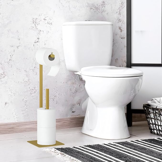 Toilet Paper Holder Stand Beige Gold Free Standing TP Holder, Metal Toilet Paper Roll Holder with Reserve Bathroom Tissue Storage Holder, Beige Gold