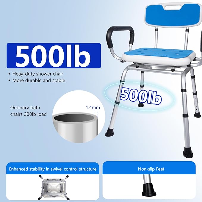 Swivel Shower Chair with Handle 500lbs Capacity Adjustable Arms & Back | 360° Swivel, 5-Level Height Adjust, Non-Slip Feet, Tool-Free Assembly With Extra Suction Bath Grab Bar