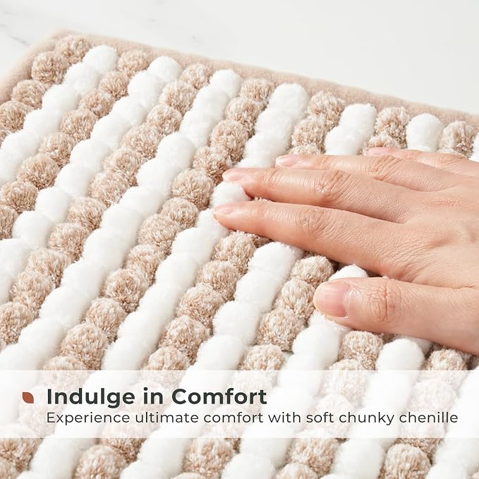 FRESHMINT Chunky Ombre Chenille Bathroom Rug 20"x32", Water Absorbent Soft Bath Rugs for Bathroom Floor, Thick Non Slip Bath Mat Washable Quick Dry Shower Mats, Beige and White | Water Absorbent, Soft Bath Rugs for Bathroom Floor, Thick Non Slip, Washa...