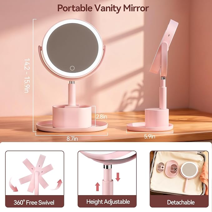 20X Magnifying Mirror with Lights and Storage, Double Sided Vanity Mirror | Rechargeable Makeup Mirror, 3 Color Lighting, Fast Charge and Long-lasting Work, Height Adjustable, Memory Function, Pink