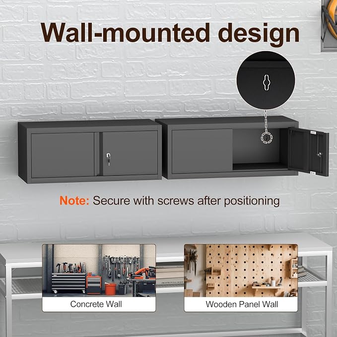 Metal Garage Wall Cabinets,13" H Garage Storage Cabinet Wall Mounted,Floating Storage Organization with Doors,Locking Hanging Cabinet for RV,Home Office,Warehouse,Black