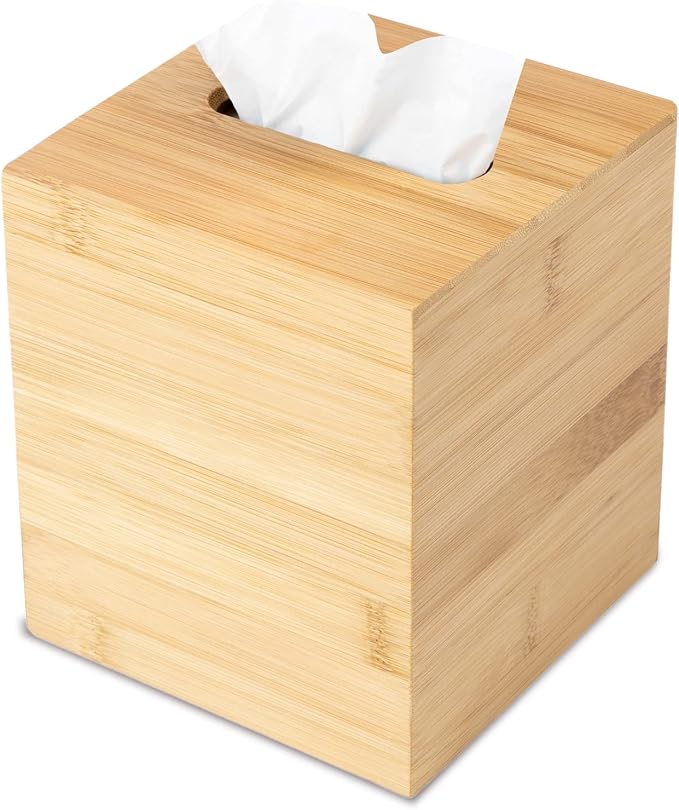 Design Tissue Box Holder - Modern, Minimalist, Durable Wooden Bamboo Box with Sliding Bottom, Easy-Refill - Premium-Quality Bamboo Cover, Square