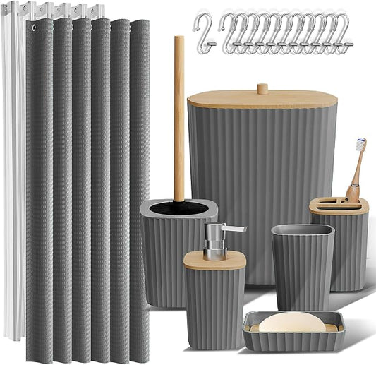 Clara Clark Bathroom Set, Shower Curtain Set, Bathroom Accessory Set | 20 Piece Grey Bathroom Accessories Set with Toothbrush Holder, Soap Dispenser, Soap Dish, Toilet Brush, and Trash Can