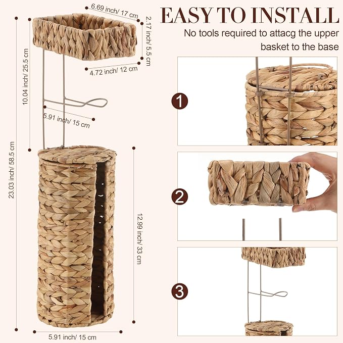 Novabright Freestanding Toilet Paper Holder with Storage, Holds 3 Rolls, Handmade Woven Water Hyacinth Stand, Boho Farmhouse Bathroom Organizer