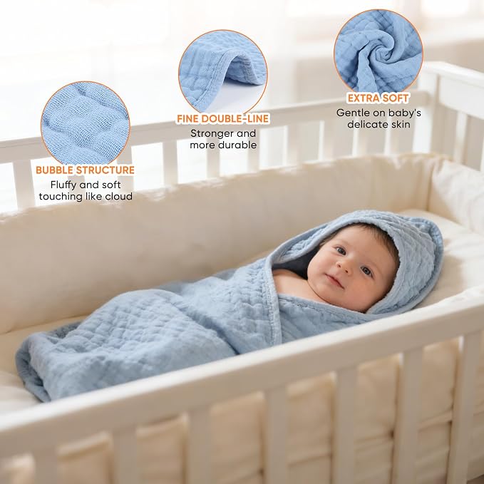 MIGIOL Muslin Baby Towels 100% Cotton ，Super Soft Muslin Baby Bath Towel - 32 x 32 Inches, Suitable for Newborn and Young Children up to 3 Years Old. (Light Blue & Dark Blue)