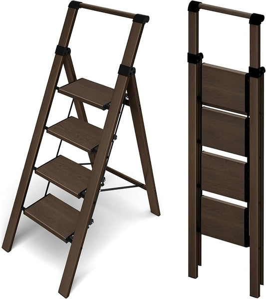 HillhutApex Aluminum 4 Step Ladder, Step Stool Foldable Ladder(Walnut) | Anti-Slip Pedals,330lbs Capacity,Lightweight Folding Ladders for Home,Office,Libaray