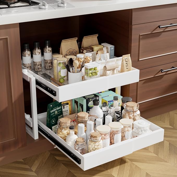 2-Tier Expandable Pull Out Cabinet Organizer, Heavy Duty Adjustable Width Metal Slide Out Shelf, No Screw Cabinet Storage Rack for Kitchen Bathroom 17in Depth Cabinet（White）