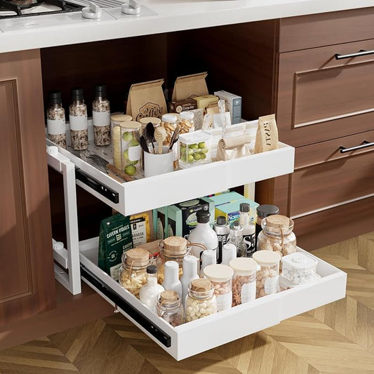 2-Tier Expandable Pull Out Cabinet Organizer, Heavy Duty Adjustable Width Metal Slide Out Shelf, No Screw Cabinet Storage Rack for Kitchen Bathroom 17in Depth Cabinet（White）