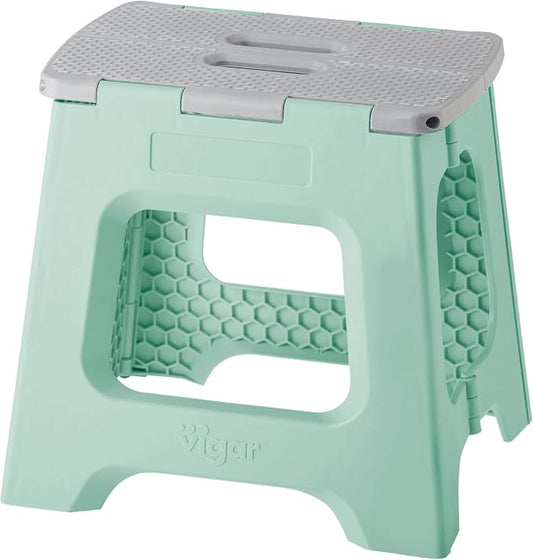 Vigar Compact Folding Step Stool, 12-1/2 in, Light Turquoise | 12-1/2 in Foldable Stool, Lightweight Portable Design, Handle, Non Slip Surface, Space-Saving, Supports up to 330 lb