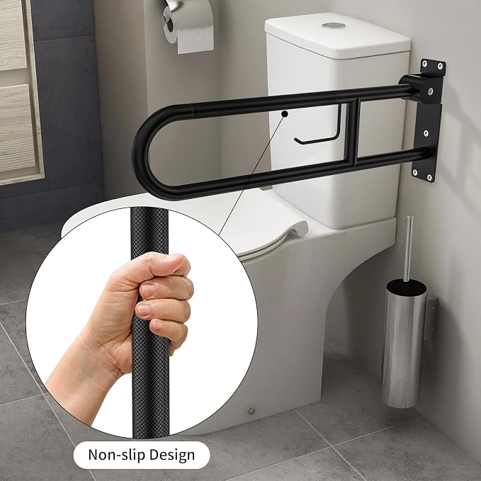Toilet Grab Bar 32 Inch, YuanDe Flip Up Grab Bar with Paper Holder | Matte Black Anti-Slip Safety Bars for Toilet, Stainless Steel Knurled Toilet Handles for Seniors Disabled Elderly Pregnant