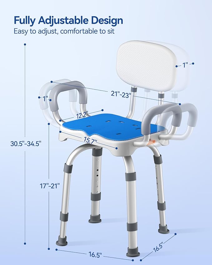 KingPavonini 360° Swivel Shower Chair for Inside Shower, 550 LB Heavy Duty | Stable Flat Tube Frame, Shower Chair for Elderly and Disabled, 360° Swivel with 90° Lock, M-Shaped Anti-Slip Seat, Tool-Free