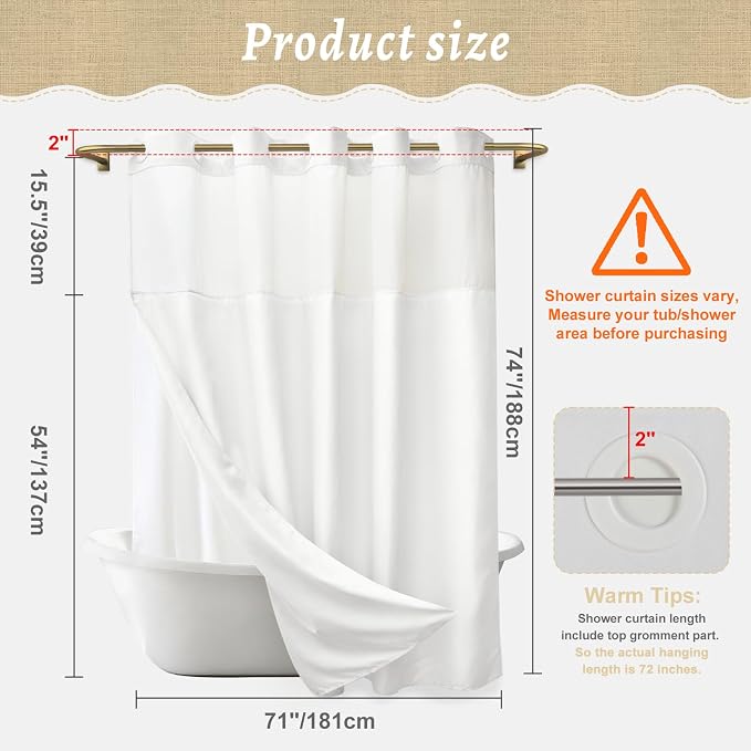WONICY No Hook Linen Look Shower Curtain with Snap-in Liner, White, 71 x 74 | Ringless, Waterproof & Washable, Hotel Style, Mesh Top Window, Bottom Magnets, Thick, Farmhouse, for Bathroom