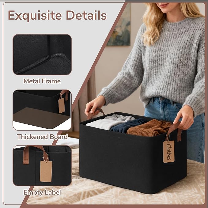 CHICVITA 4 Pack Large Storage Baskets with Metal Frame, Black | 16.8 × 11 × 9.8 in, Reinforced Handles, Collapsible Design, Closet & Shelf Organization, Clothes, Blankets & Toys Storage