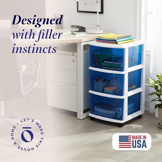 HOMZ Drawer Tower, 3-Tier Storage Cart with Removable Wheels, White Frame | Wide Plastic Organizer with Clear Bin Drawers for Bedroom, Bathroom, Home Office, and Dorm Rooms