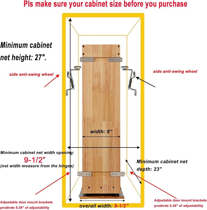 DINDON Pull Out Spice Rack Cabinet Organizer, (8" W x 21.9" D x 25.2" H) Multi-Use Soild Wood Pull Out Cabinet Organizer Slide Out Shelf Sliding Base Cabinet Storage Organization