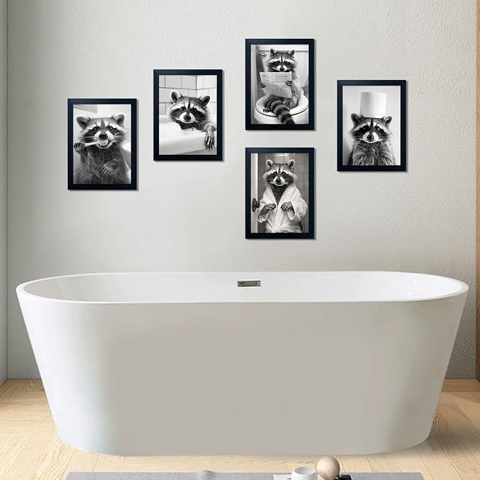 Black and White Bathroom Wall Decor Raccoon with Bathrobe Canvas Wall Art Toilet Animal Pictures Decor Art Bathroom Sign Artworks for Home