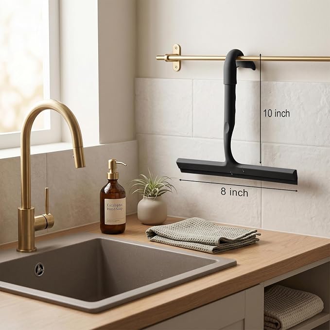 Shower Squeegee for Glass Doors, 10-Inch Silicone, Fishtail Hook, Black | One-Piece Silicone Squeegee for Shower Glass, Fishtail Hook, Non-Slip Grip, Quiet Glide; Tile, Mirrors, Windows & Car Glass