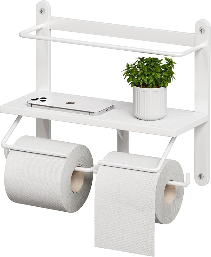 Homeiju Double Toilet Paper Holder with Shelf, Wooden Wall-Mounted Toilet Paper Roll Holder, Wall-Mounted Bathroom Organizer, Double Roll, Suitable for Bathrooms(White)