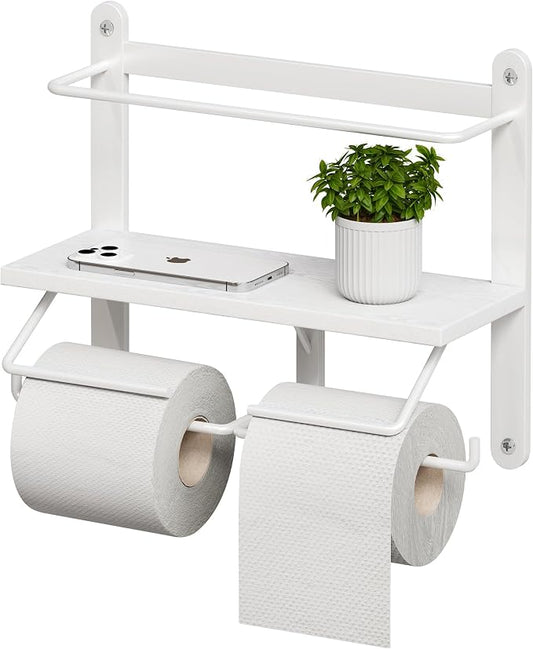 Homeiju Double Toilet Paper Holder with Shelf, Wooden Wall-Mounted Toilet Paper Roll Holder, Wall-Mounted Bathroom Organizer, Double Roll, Suitable for Bathrooms(White)