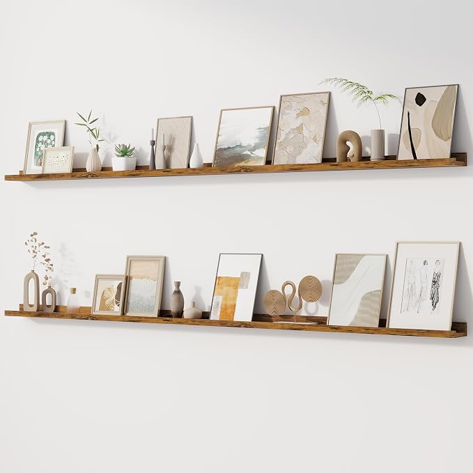 Floating Picture Ledge Shelves for Wall Set of 2, 72 Inches Picture Ledge Shelf with Long Large Nursery Book Shelf for Storage, Bookshelf Wall Mounted Living Room Decor Frames, Rustic Brown